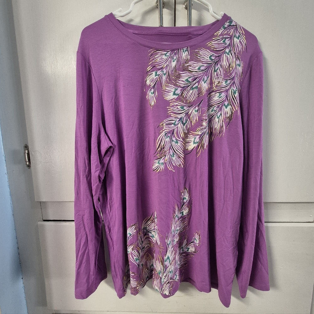 Chicos Foiled Touch of Cool Feather Print Long Sleeve Layering Tee Sz 3 XL - Picture 2 of 9